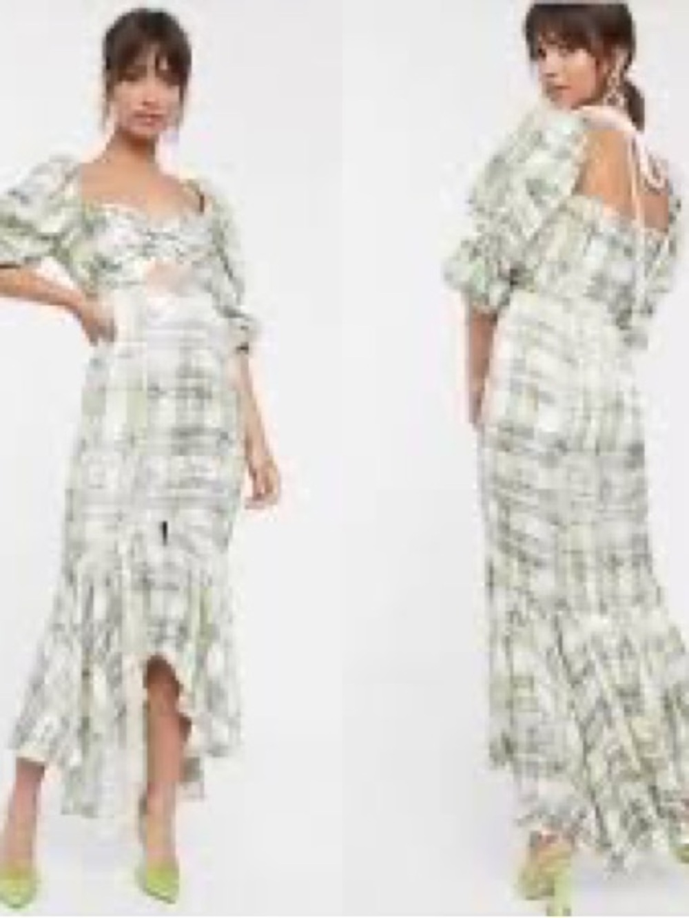 ASOS Floral Plaid Puff Sleeve High Low Maxi Dress US 2 NWT